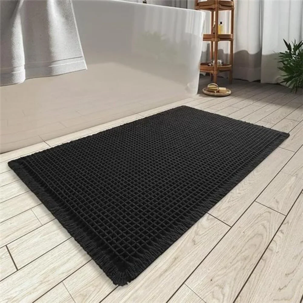 Black Waffle Bath Mat Non Slip Absorbent Soft Rubber Backed Bathroom Rug 17x24